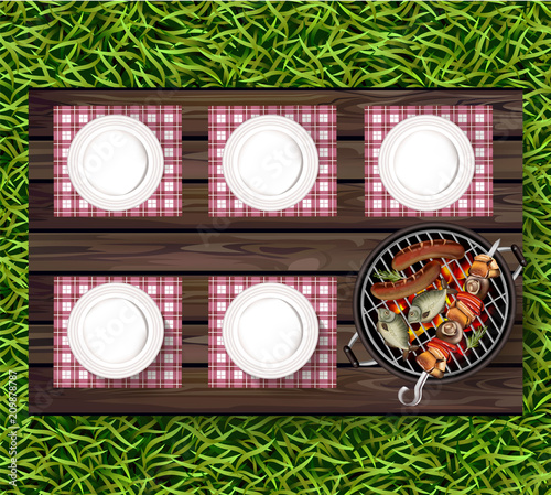 Picnic bbq Vector realistic. Top view plates on green grass and sausages on t...