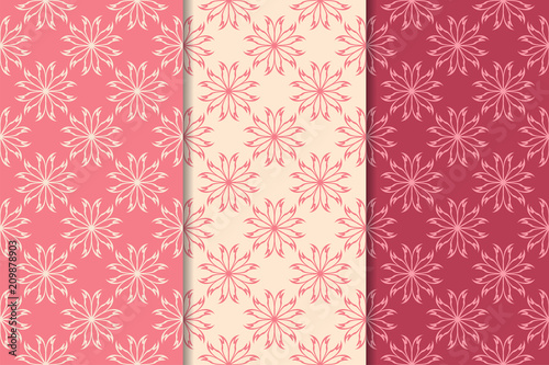 Set of red floral ornaments. Cherry pink vertical seamless patterns © Liudmyla