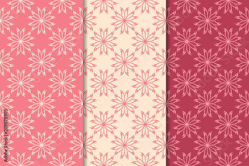 Set of red floral ornaments. Cherry pink vertical seamless patterns