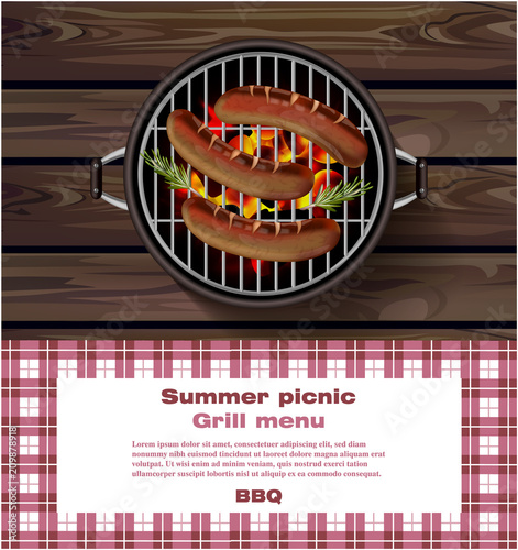 BBQ grill on wooden background. Hot sausages Summer picnic template Vector