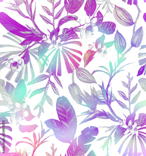 Seamless watercolor pattern with tropical flowers  magnolia  orange flower   tropical leaves  banana leaves