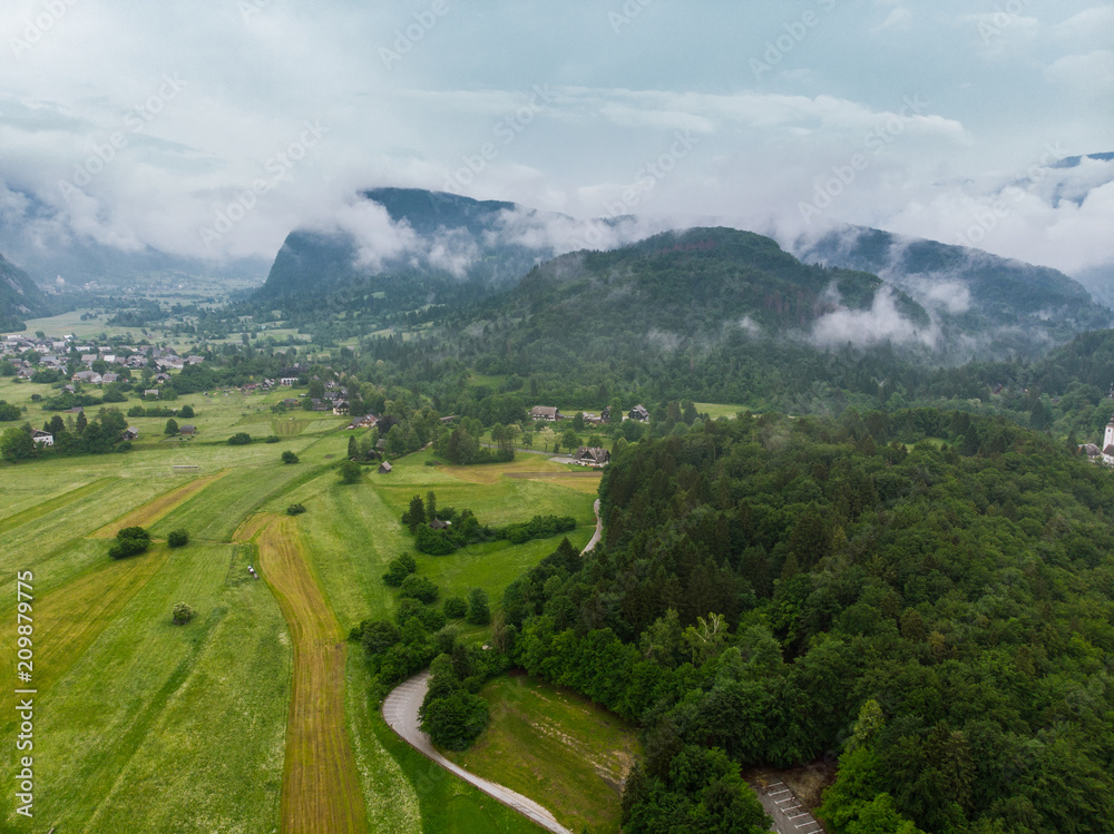 Village near Bohinj Lake in Slovenia, aerial drone view