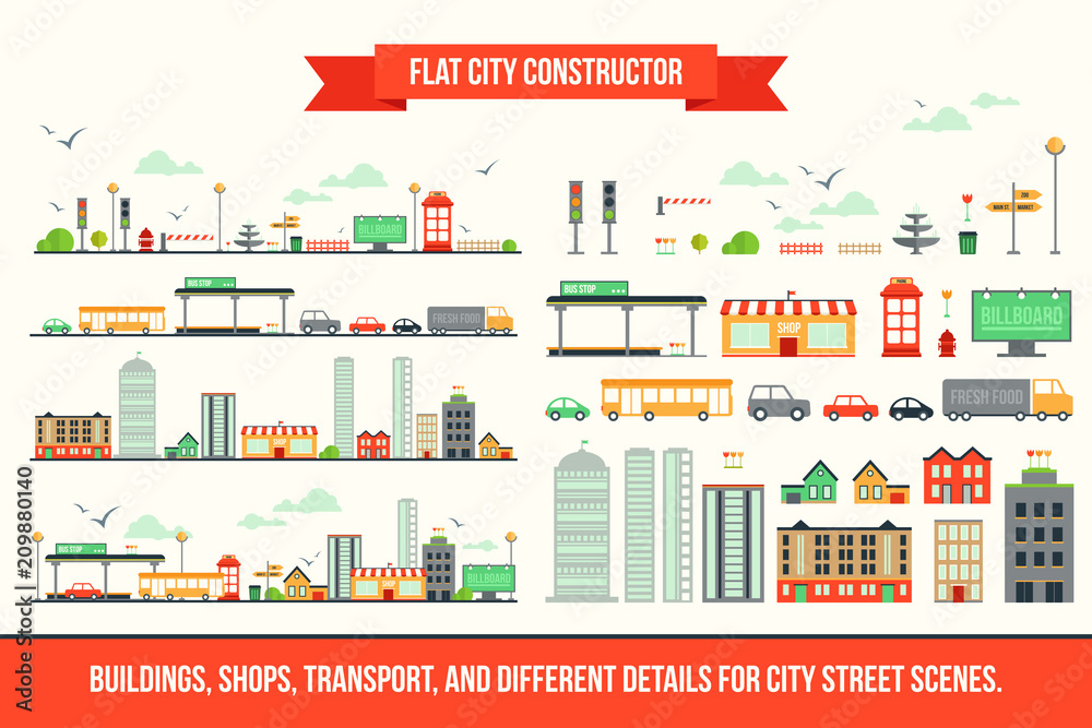 Create your own city - flat constructor kit. Huge collection of infographic vector elements. Set of buildings, shops, transport and different details for street scenes, app and game design Create your own city - flat constructor kit. Huge collection of infographic vector elements. Set of buildings, shops, transport and different details for street scenes, app and game design