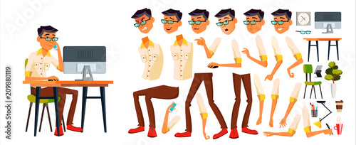 Office Worker Vector. Korean, Thai, Vietnamese. Animation Creation Set. Face Emotions, Various Gestures. Office Generator. Front, Side View. Business Worker. Career. Workman, Clerk. Illustration