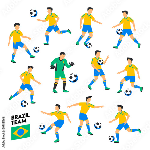 Brazil football team. Brazil soccer players. Full Football team  11 players. Soccer players on different positions playing football. Colorful flat style illustration. Football cup.