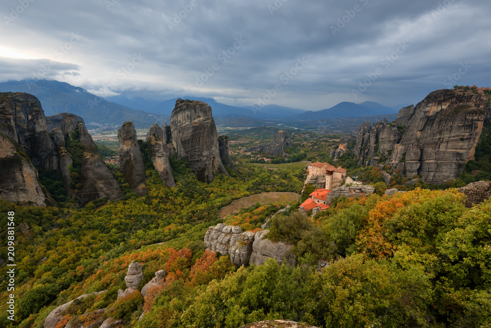Magnificent autumn landscape.The Monastery of Rousanou or St. Barbara Monastery and the Monastery of St. Nicholas at Meteora, Greece.