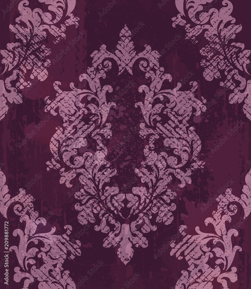 Vintage baroque pattern background Vector. Rich imperial decors on grunge texture. Royal victorian texture burgundy trendy colors
