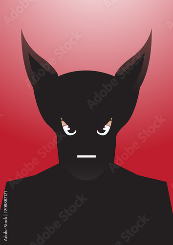 Vector portrait drawing of bat eared Superhero silhouette on red background, Role model, protector, villain, hero concept illustration.