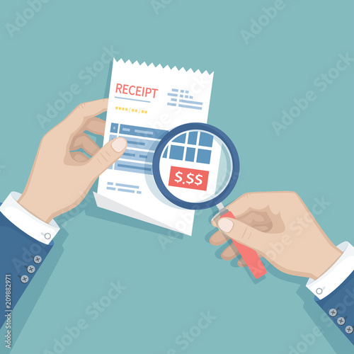 Man's hands with magnifying glass above receipt inspects the payment. Studying paying bill. Paying goods,service, utility, restaurant. Invoice, check, bill sign. Paper financial symbol in flat style