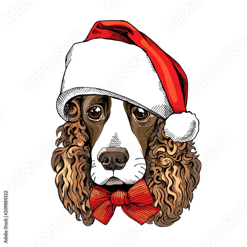 Portrait of a Spaniel dog in a Santa's hat and with bow. Vector illustration.