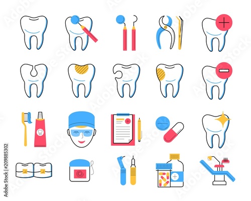 Dentistry icons set trendy linear style. Dental clinic services  stomatology and orthodontics symbols. Teeth treatment and restoration. Dentist tools  healthy and broken tooth  medicines  dental floss