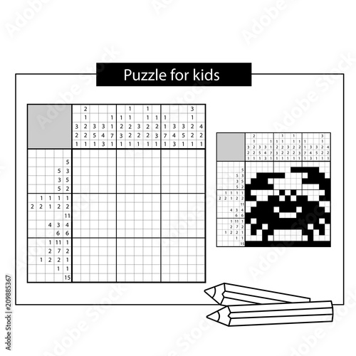 Crab. Marine life. Black and white japanese crossword with answer. Nonogram with answer. Graphic crossword. Puzzle game for kids.
