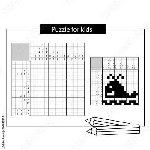 Whale. Marine life. Black and white japanese crossword with answer. Nonogram with answer. Graphic crossword. Puzzle game for kids. photo