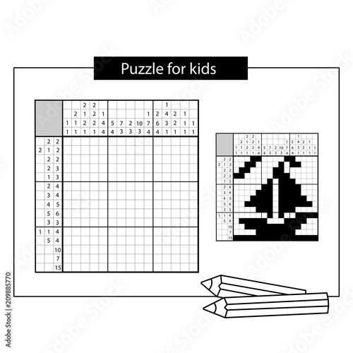 Ship. Black and white japanese crossword with answer. Nonogram with answer. Graphic crossword. Puzzle game for kids. photo