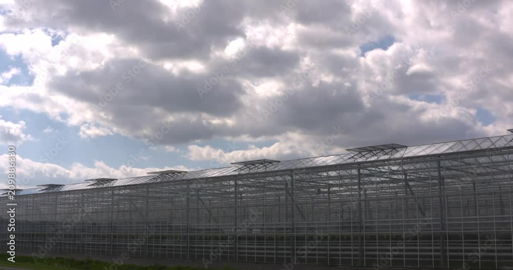 Greenhouse horticulture under cloudy sky, roof windows open, vehicle passing by. Controlled environment horticulture (CEH) is the most modern and sophisticated form of greenhouse horticulture Greenhouse horticulture under cloudy sky, roof windows open, vehicle passing by. Controlled environment horticulture (CEH) is the most modern and sophisticated form of greenhouse horticulture
