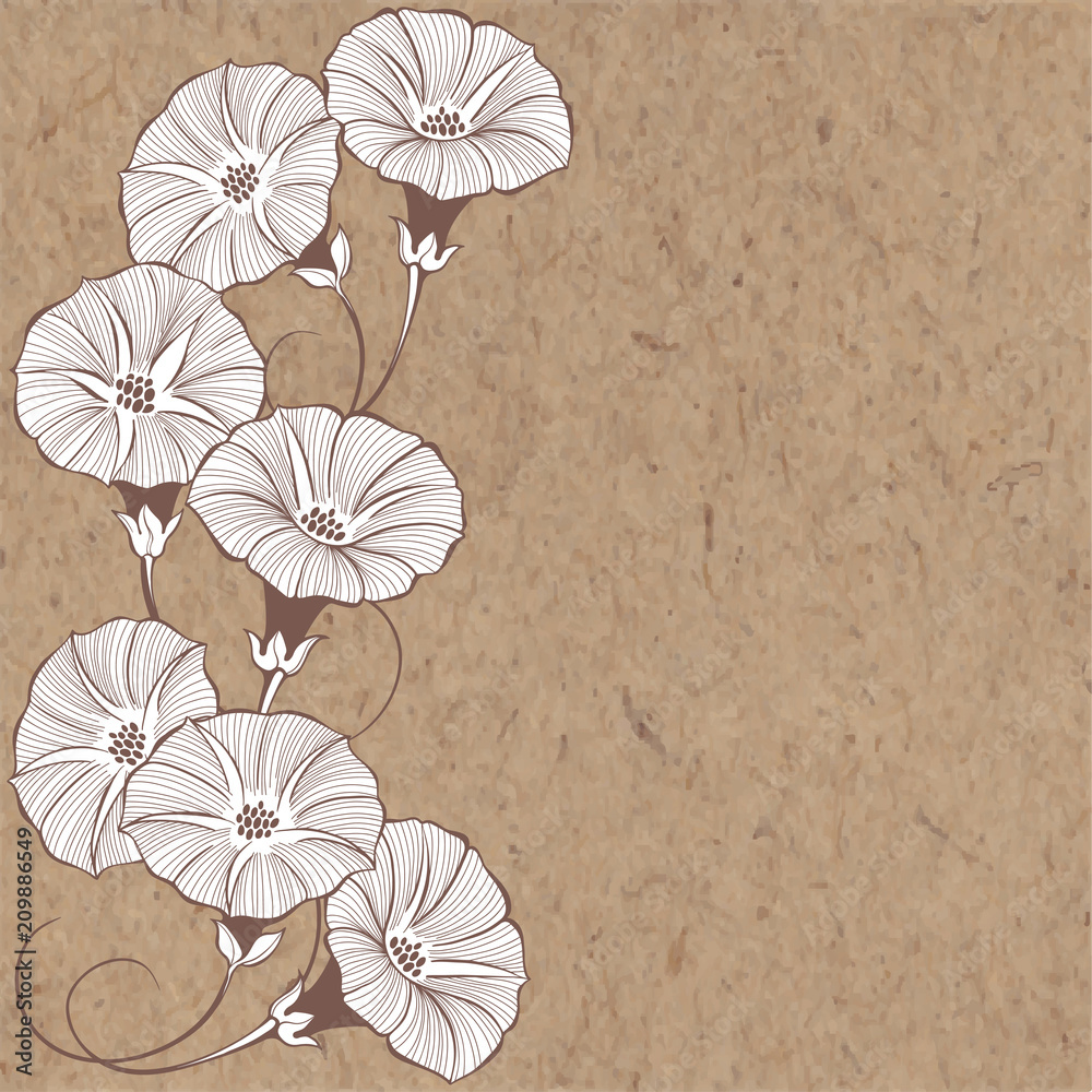 Floral design with bindweed on kraft paper. Vector illustration with place for text.  Greeting card, invitation or isolated elements for design.Vertical composition.