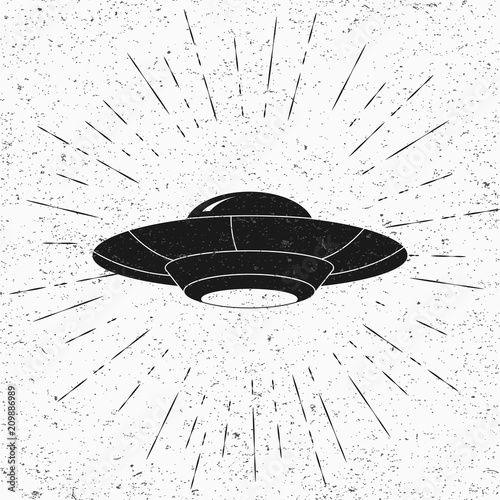 UFO and divergent rays on blackboard. UFO Flying Saucer Icon isolated on white background.