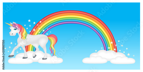 Fototapeta Naklejka Na Ścianę i Meble -  Unicorn with rainbow, clouds and magical stars in blue sky