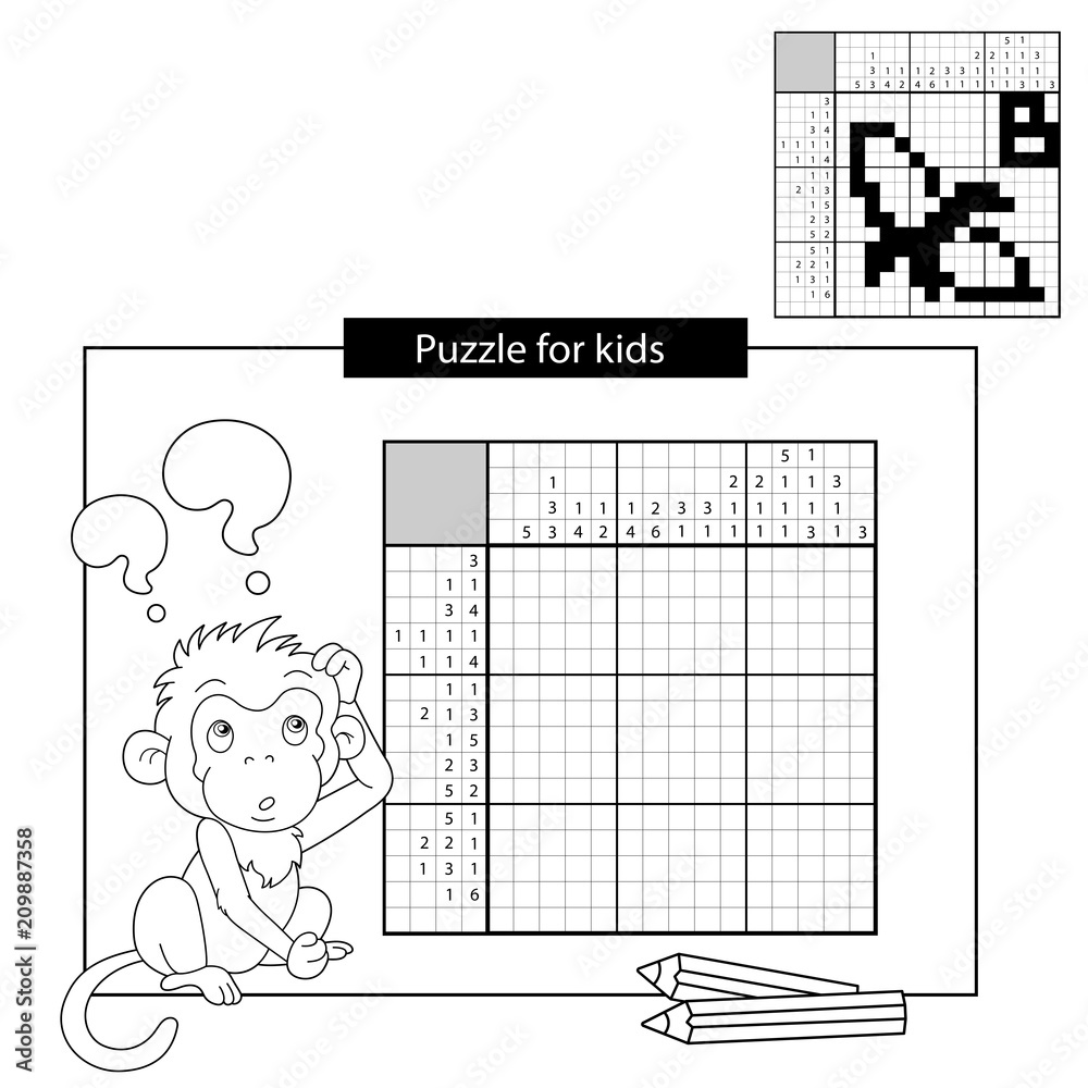 Education Puzzle Game for school Children. Banana. Black and white japanese  crossword with answer. Nonogram with answer. Graphic crossword. Coloring  Page Outline Of monkey. Coloring book for kids. Векторный объект Stock |