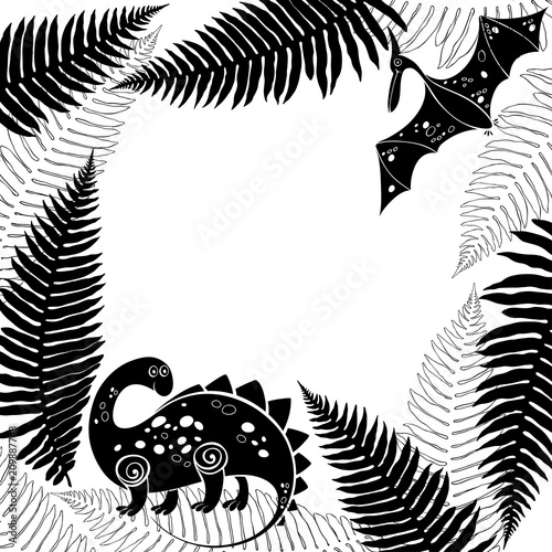 Card with cartoon dinosaur, pterodactyl and ferns. Black and white vector illustration with space for text. It can be an invitation, a greeting card or an element of your design.