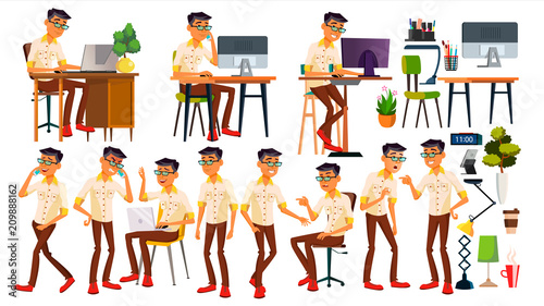 Office Worker Vector. Thai, Vietnamese. Face Emotions, Gestures. Animated Elements. Poses. In Action. Adult Business Male. Successful Corporate Officer, Clerk, Servant. Isolated Illustration