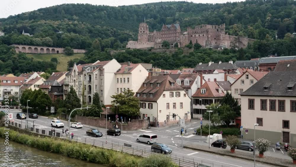 Heidelberg Castle, low angle, with traffic road in foreground, Summer 2018