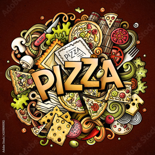 Fototapeta Cartoon cute doodles Pizza word. Colorful illustration