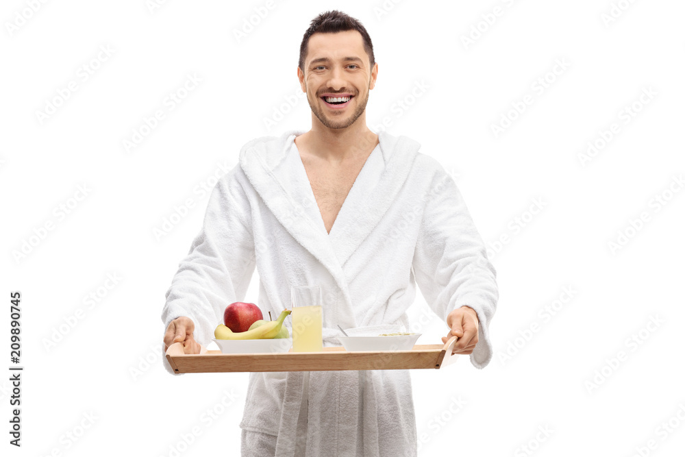 Guy in a bathrobe holding a tray Guy in a bathrobe holding a tray