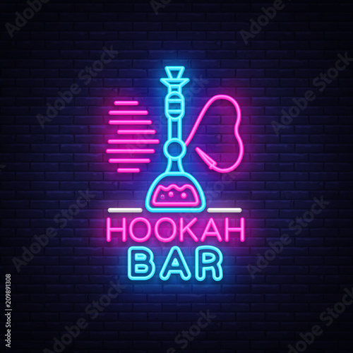 Hookah Bar neon sign vector. Night Hookah Design Template, Light Banner, Night Bright Advertising, Bright Signboard, Design Element Hookah Emblem, Nightlife. Vector illustration