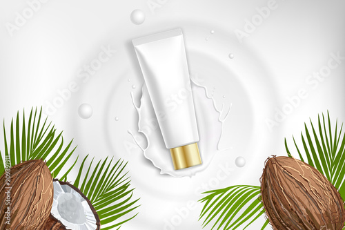 Design cosmetics product advertising for catalog, magazine. Mock up of cosmetic package. Moisturizing cream, gel, milk body lotion with coconut oil.