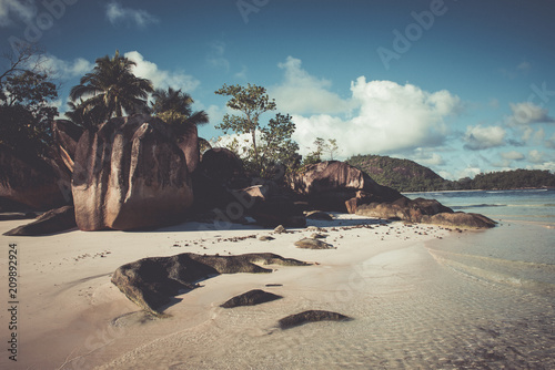 Rock formations on a tropical Seychelles beach