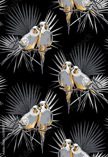 Seamless gold and silver pattern. Two Beautiful little Wavy Parrots kiss on a Tropical leaves. Vector illustration.