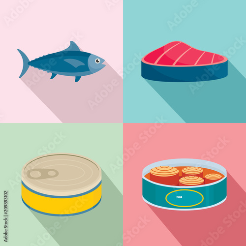 Tuna fish can steak icons set. Flat illustration of 4 tuna fish can steak vector icons for web