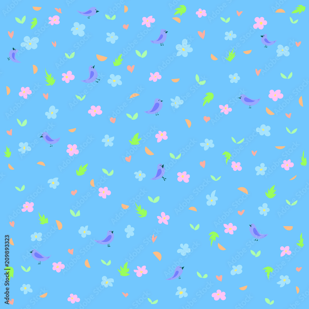 Little birds on a blue flower field background picture - obrazy, fototapety, plakaty 
