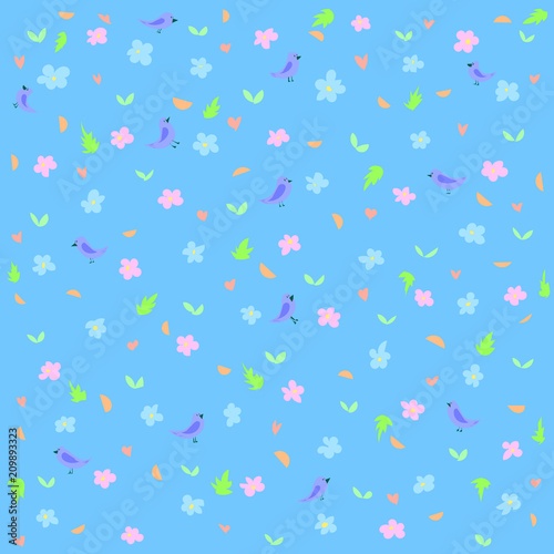 Little birds on a blue flower field background picture