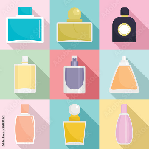 Fragrance bottles aroma flavor perfume icons set. Flat illustration of 9 fragrance bottles aroma flavor perfume vector icons for web