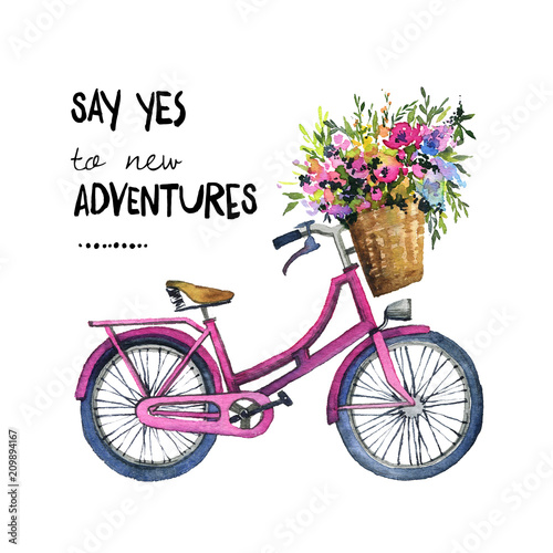 Watercolor illustration of a bicycle with flowers