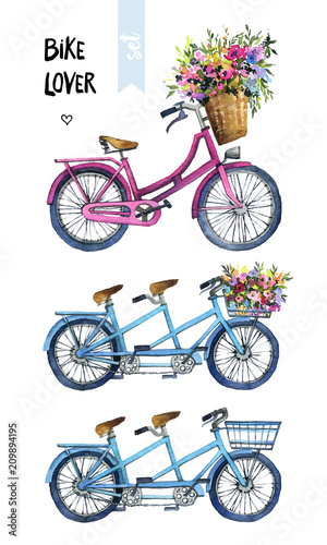 Watercolor illustration of a bicycles with flowers