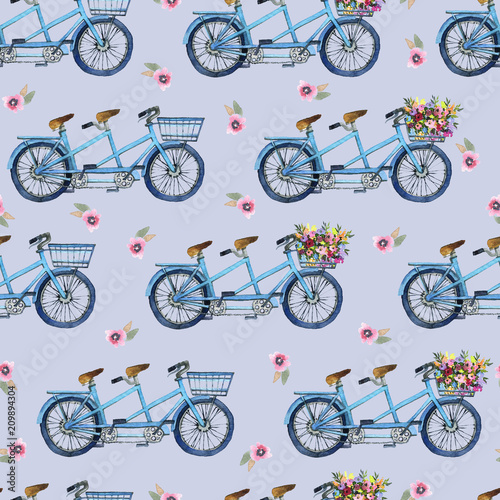 eamless pattern with bicycles and flowers