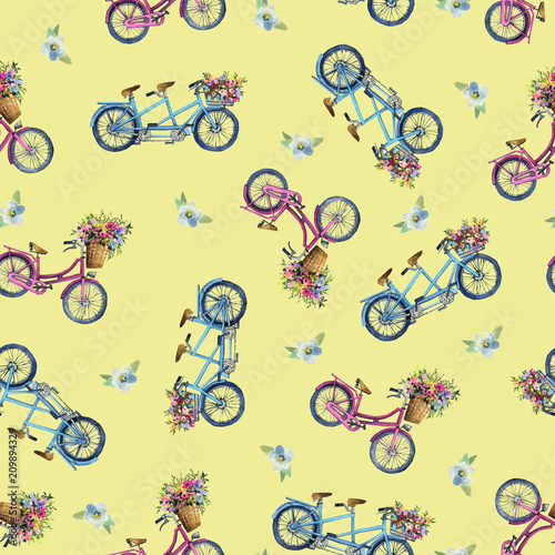 eamless pattern with bicycles and flowers