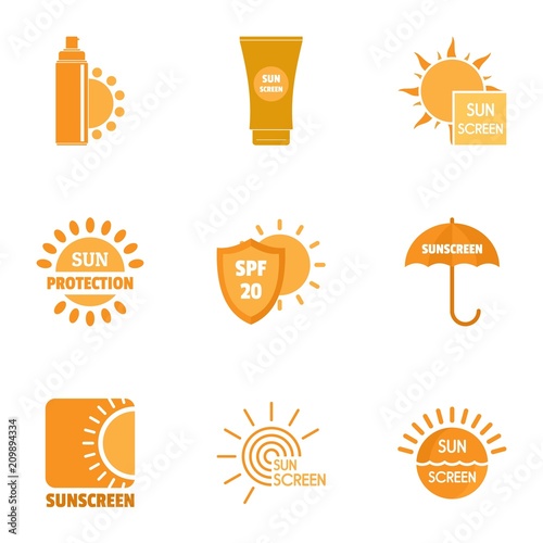 Sunscreen icons set. Simple set of 9 sunscreen vector icons for web isolated on white background