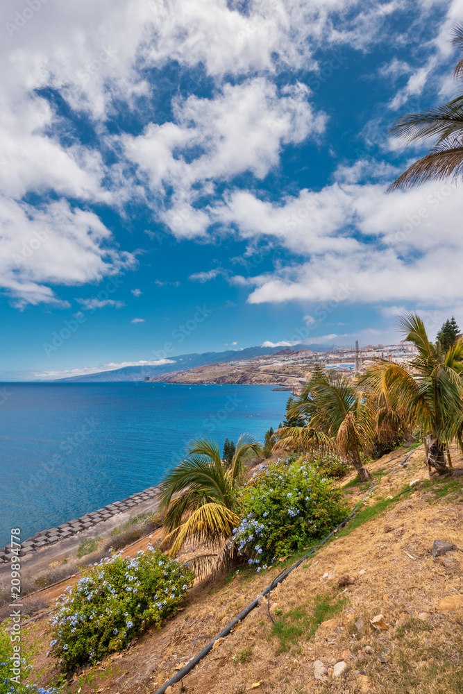 Santa Cruz de Tenerife coastline, viewed from palmetum park, old refinery in the background, Canary islands, Spain.