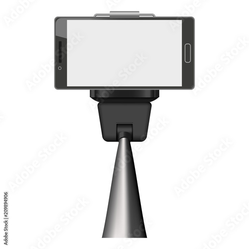 Smartphone on selfie stick mockup. Realistic illustration of smartphone on selfie stick vector mockup for web design isolated on white background