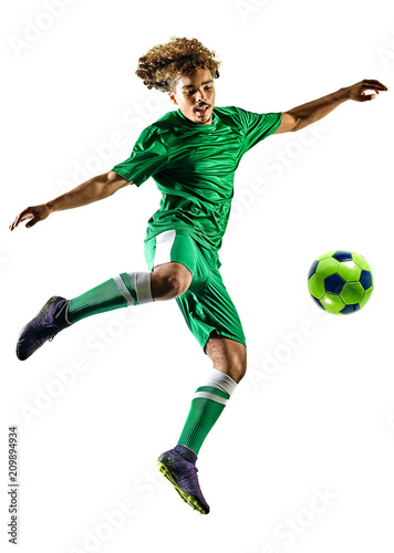 one mixed race young teenager soccer player man playing in silhouette isolated on white background