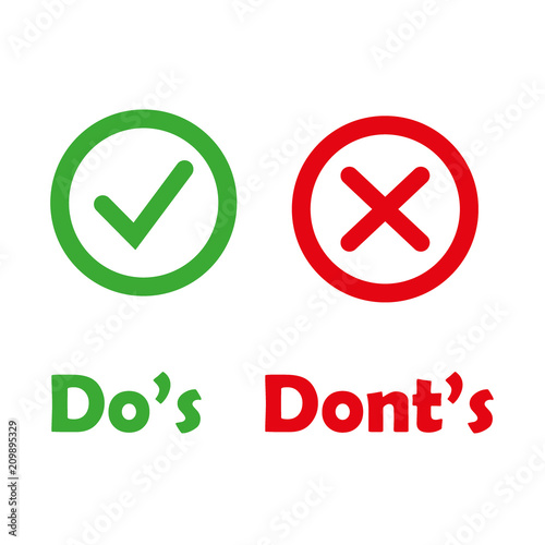 colored check marks like dos and donts. concept of checklist symbol for recommendations and review or evaluate. simple round flat trend logotype graphic outline design illustration isolated on white photo