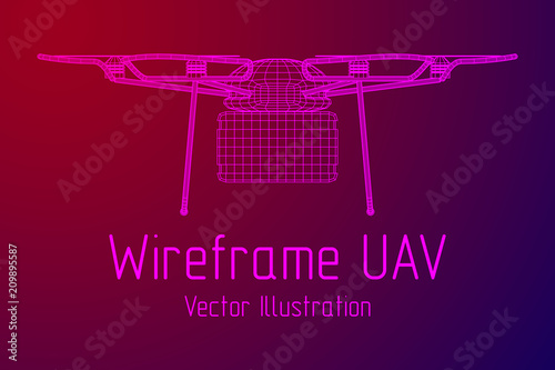 Remote control air drone. Dron flying with action video camera. Wireframe low poly mesh vector illustration