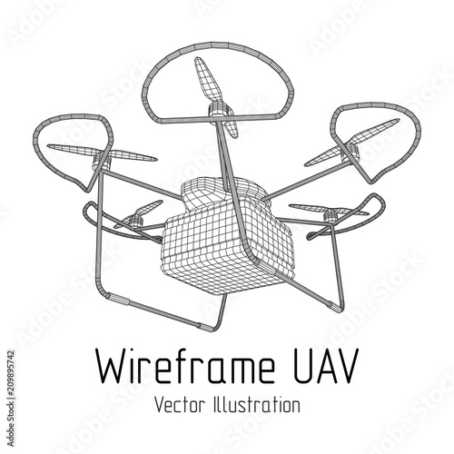 Remote control air drone. Dron flying with action video camera. Wireframe low poly mesh vector illustration