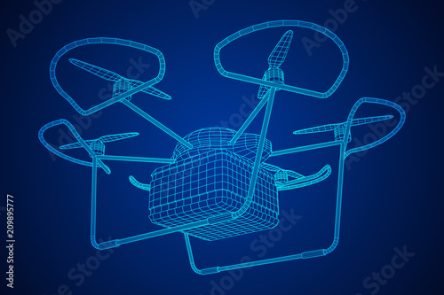 Remote control air drone. Dron flying with action video camera. Wireframe low poly mesh vector illustration