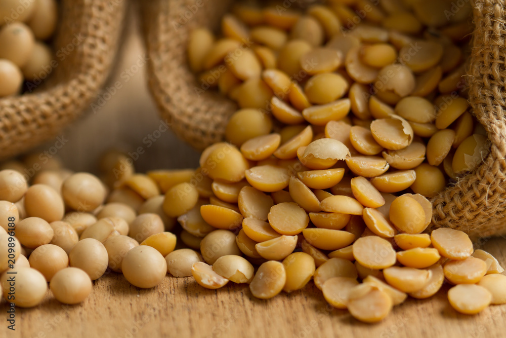 Legumes soybean seed in sack concept grocery and store background, dry food product, bean seed, soy milk Legumes soybean seed in sack concept grocery and store background, dry food product, bean seed, soy milk
