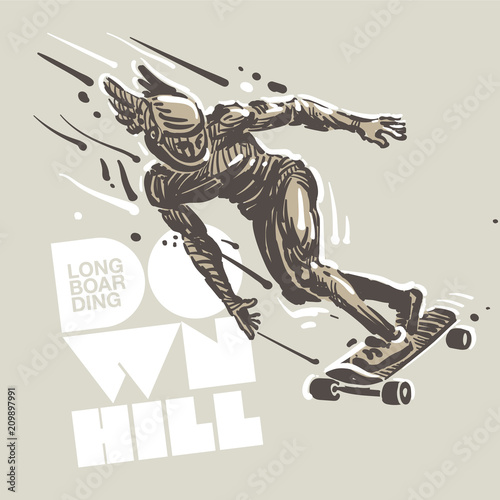 Downhill skateboard racing. Sketch style vector illustration
